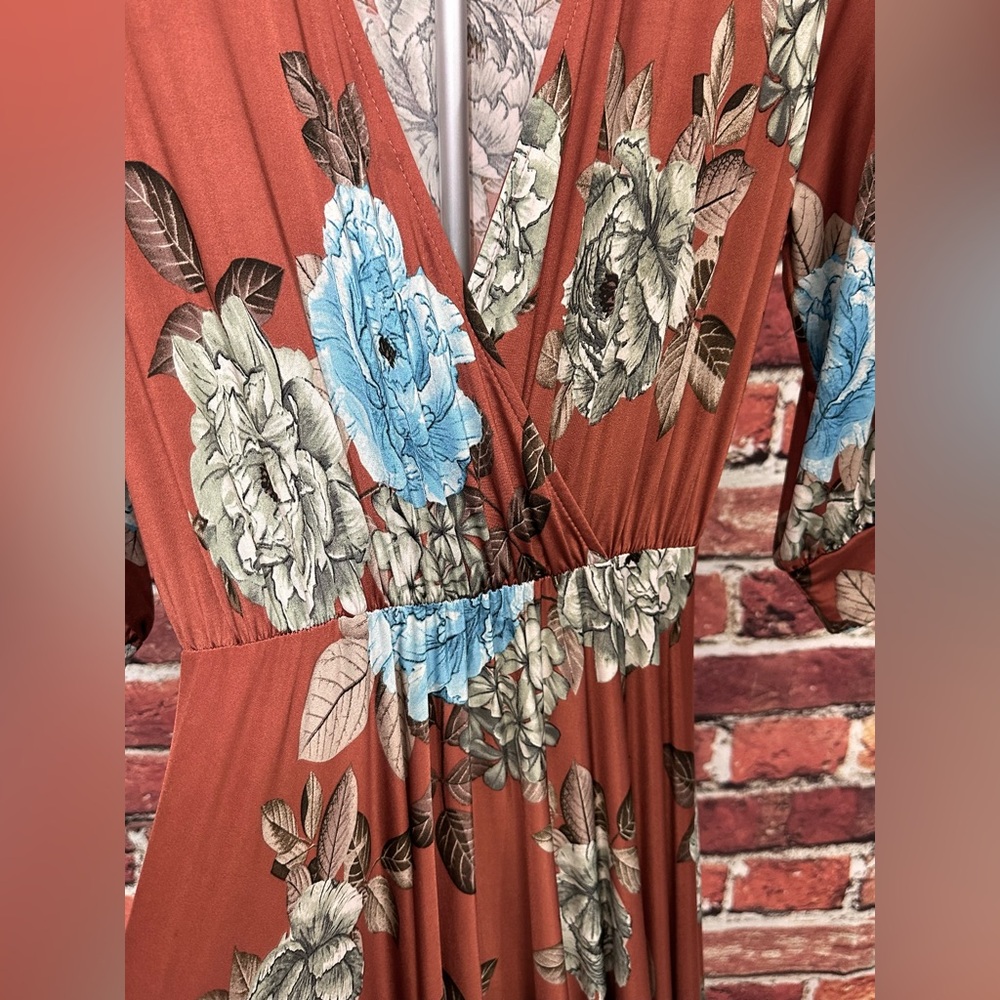 BURU DRESS WOMENS SIZE L TALL LONG BROWN BLUE FLORAL BOHEMIAN CHIC SOFT MAXI - Picture 6 of 14